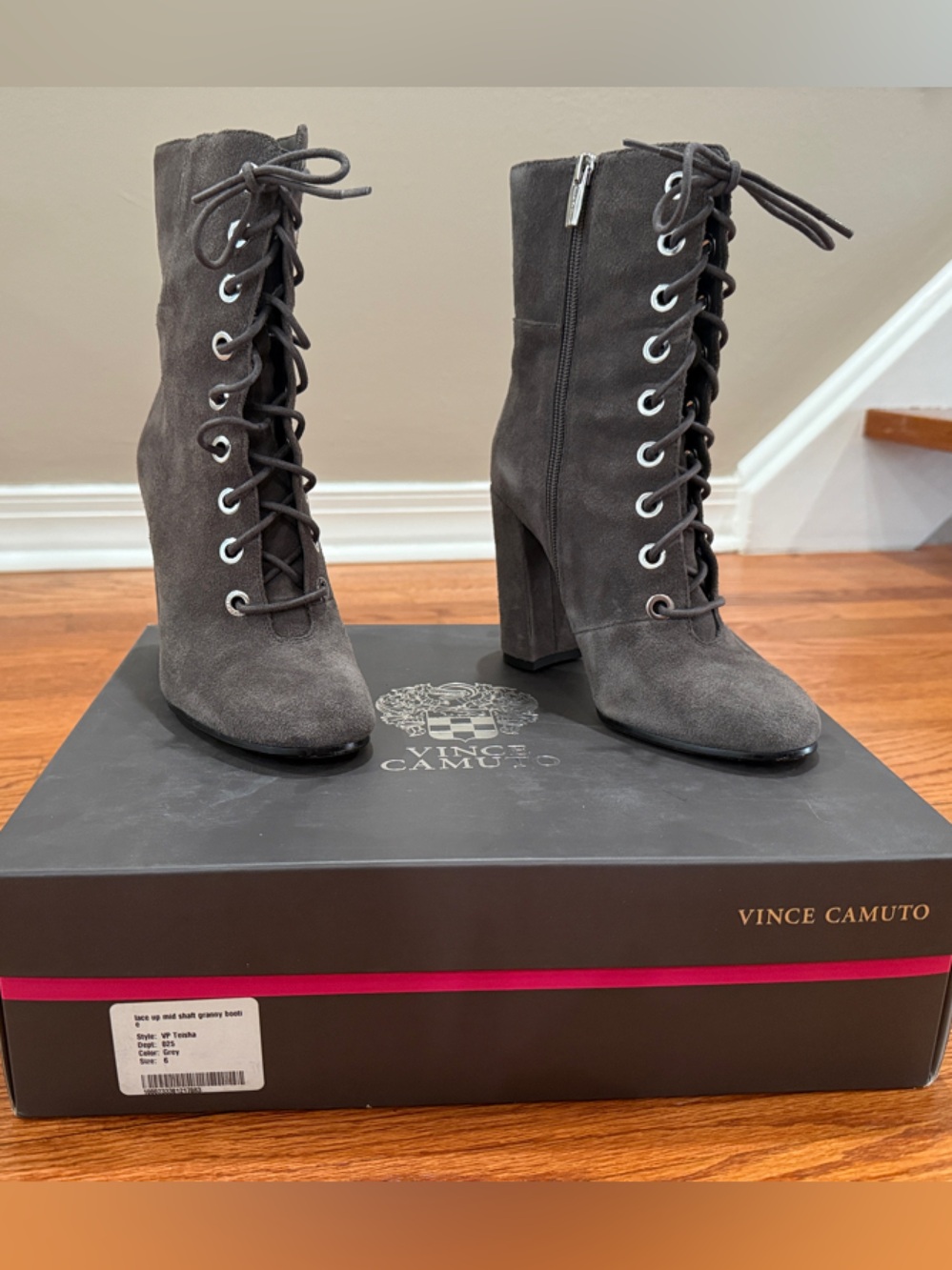 Vince Camuto Charcoal Lace-Up Suede Mid Shaft Granny Bootie Size 6